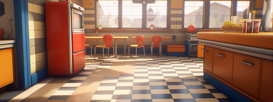 Retro diner interior with red fridge and checkered floor in 3D rendering