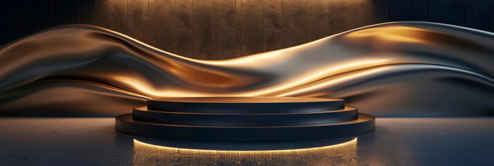 podium showcase with elegant golden line motifs and a shimmering wave display, creating a timeless backdrop. Generative AI - obrazy, fototapety, plakaty