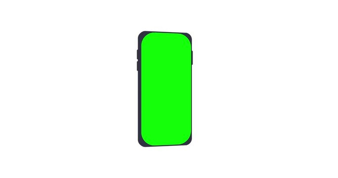 3D animation of smartphone or mobile phone. Animated mock up of modern smartphone model with green screen for social media ads, explainers or banners