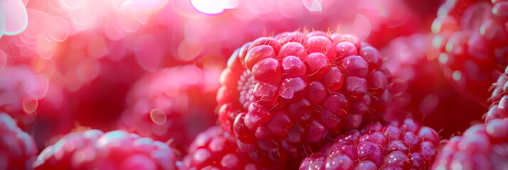 ripe raspberry, showcasing the juicy texture and vibrant color of the fruit in macro detail. Generative AI - obrazy, fototapety, plakaty