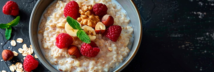 bowl of creamy oatmeal, topped with fresh fruit and nuts, showcasing the wholesome texture and...