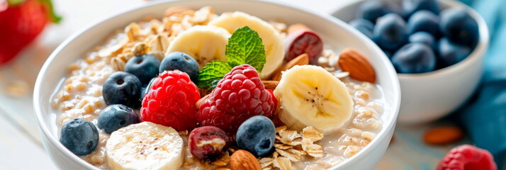 bowl of creamy oatmeal, topped with fresh fruit and nuts, showcasing the wholesome texture and...
