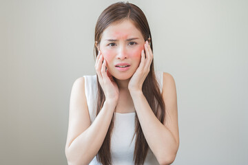 Dermatology, scratch asian young woman, girl face worry and itch, itchy allergy, allergic sensitive...