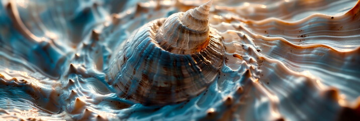 Detailed of a textured seashell, highlighting the intricate patterns and ridges of the shell's surface. Generative AI - obrazy, fototapety, plakaty