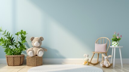A blue kids room with dolls and chairs. Generative AI - obrazy, fototapety, plakaty