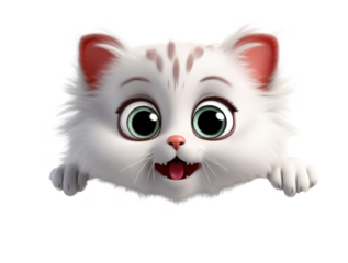 A cartoon cat with big eyes and a smile on its face. The cat is looking out from behind its head, as if it is curious about something