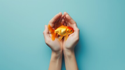 Gentle hands hold a vibrant goldfish just above the surface of a blue, symbolizing care and connection with nature.
