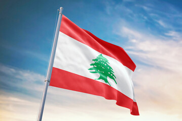 Waving flag of Lebanon in blue sky. Lebanon flag for independence day. The symbol of the state on wavy fabric.