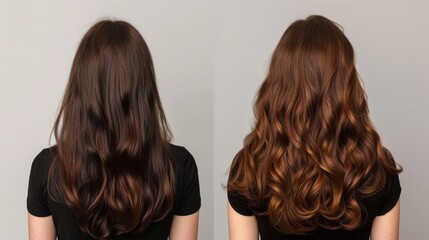 Comparison of hair transformation, showing a before and after of hair coloring blonde, brunette or vibrant auburn with styled curls.