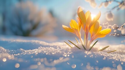 Yellow crocuses in the snow with a blurred sunny background, springtime nature landscape scene with...
