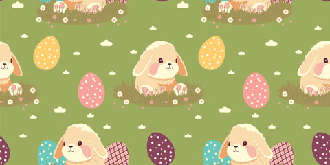 Easter background with bunny and eggs. Seamless pattern for the spring holiday. For deoration, invitation, packaging, fabric printing. - 761441652