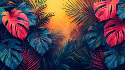 A colorful tropical forest with a variety of leaves, including large palm leaves