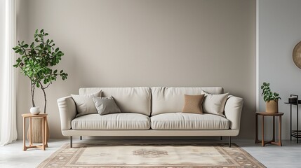 Fototapeta na wymiar A comfortable white living room with a sofa. Generative AI