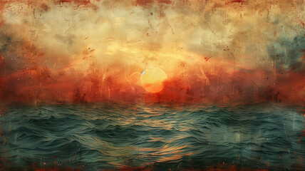 A painting of a sunset over the ocean with a large sun in the sky