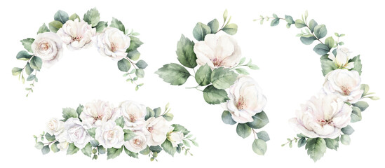 White roses and eucalyptus branches. Watercolor floral bouquets. Foliage arrangement for wedding , greetings, wallpapers, fashion, fabric, home decoration. Hand painted illustration. - 761442484