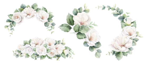 White roses and eucalyptus branches. Watercolor floral bouquets. Foliage arrangement for wedding , greetings, wallpapers, fashion, fabric, home decoration. Hand painted illustration.