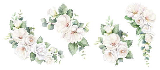 White roses and eucalyptus branches. Watercolor floral bouquets. Foliage arrangement for wedding , greetings, wallpapers, fashion, fabric, home decoration. Hand painted illustration. - obrazy, fototapety, plakaty