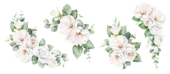 White roses and eucalyptus branches. Watercolor floral bouquets. Foliage arrangement for wedding , greetings, wallpapers, fashion, fabric, home decoration. Hand painted illustration.