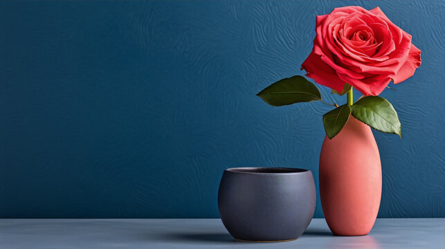 Still life photography of a red rose in a vase with a blue background