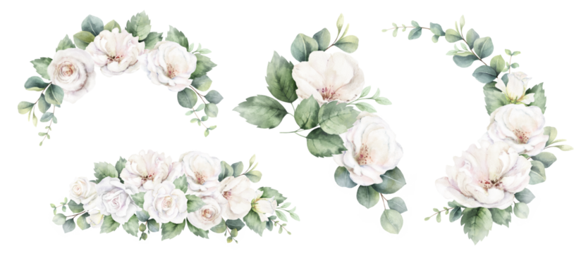 White roses and eucalyptus branches. Watercolor floral bouquets. Foliage arrangement for wedding , greetings, wallpapers, fashion, fabric, home decoration. Hand painted illustration.