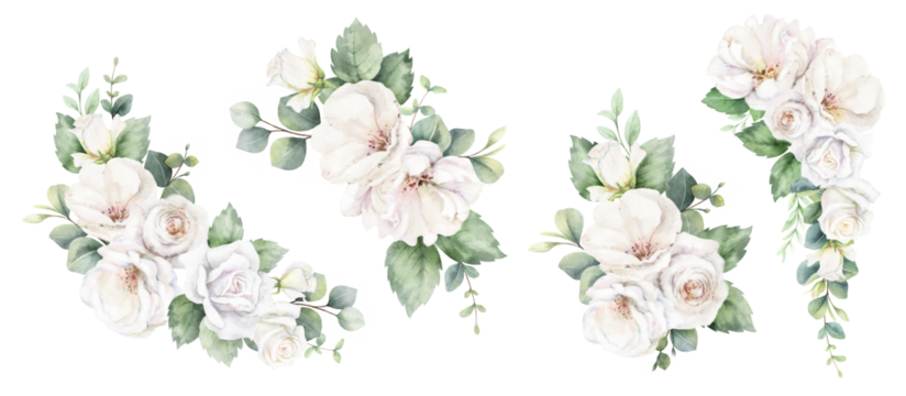 White roses and eucalyptus branches. Watercolor floral bouquets. Foliage arrangement for wedding , greetings, wallpapers, fashion, fabric, home decoration. Hand painted illustration.