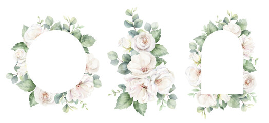 White roses and eucalyptus branches. Watercolor floral bouquet and frames. Foliage arrangement for wedding , greetings, wallpapers, fashion, fabric, home decoration. Hand painted illustration. - 761442607