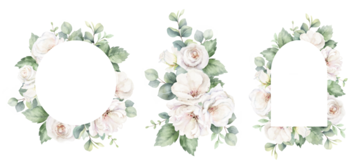 White roses and eucalyptus branches. Watercolor floral bouquet and frames. Foliage arrangement for wedding , greetings, wallpapers, fashion, fabric, home decoration. Hand painted illustration.