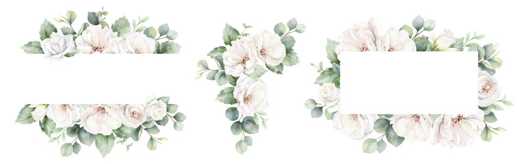White roses and eucalyptus branches. Watercolor floral wreath. Foliage arrangement for wedding ,...