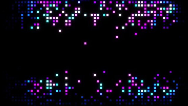 Glow pink blue mosaic pixel LED digital grid lights animation on black abstract technology background. Bright floodlights flashing computer technology lights.