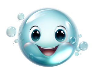 A smiling blue bubble with a happy face. The bubbles are scattered around the face, giving it a playful and fun appearance