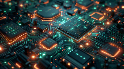 Obraz premium A computer chip with a green and orange background