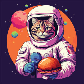 Astronaut cat holding burger illustration. Vector g