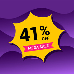 41% sale badge vector illustration on a purple gradient background. Forty one percent price tag. Yellow and purple.