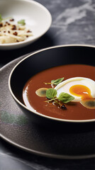 Close-up of a bowl of red soup with a poached egg, microgreens, and black pepper. - obrazy, fototapety, plakaty