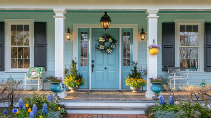 Easter Themed Porch with Spring Decor. A charming porch with Easter-themed pillows and decorations, surrounded by spring blossoms, creating a festive outdoor nook.