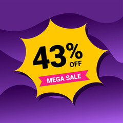43% sale badge vector illustration on a purple gradient background. Forty three percent price tag. Yellow and purple.