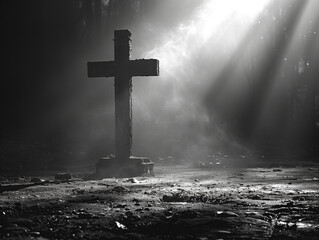 A cross is standing in a field of dirt - obrazy, fototapety, plakaty