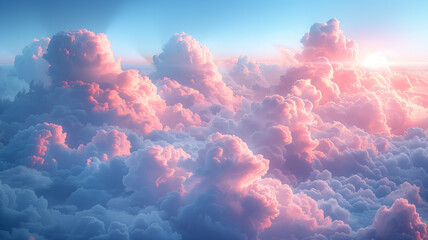 The sky is filled with pink clouds, creating a serene and peaceful atmosphere - obrazy, fototapety, plakaty