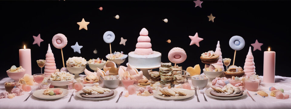 Whimsical still life of a dessert table with pastel-colored sweet treats, stars, and candles on a black background.