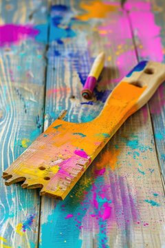 Colorful Paintbrush on a Wooden Surface, a wooden surface with a colorful paintbrush resting on it. 