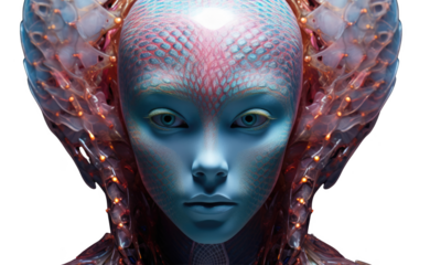 A woman with a blue face and a blue headdress