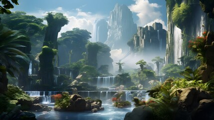 A majestic waterfall in an alien landscape, surrounded by crystalline structures and exotic flora.