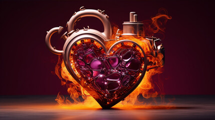 Flaming steampunk heart. 3D illustration.