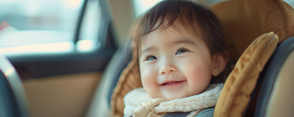Little asian baby in safe car seat. Banner with copy space. Shallow depth of field.