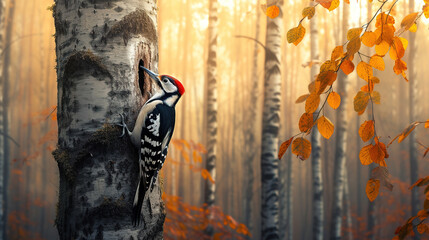 A woodpecker is standing in a tall tree, tapping on the trunk of the tree,