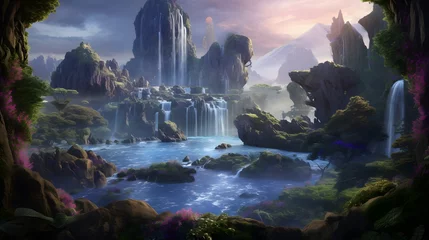 Tuinposter A majestic waterfall in an alien landscape, surrounded by crystalline structures and exotic flora. © pipo