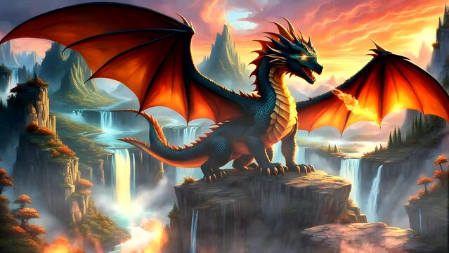 A dragon on cliff breathing fire. Seamless looping time-lapse 4k video animation background