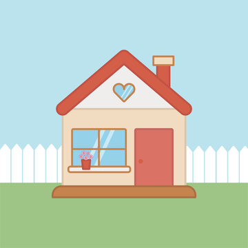 cute vector flat illustration of country house with white fence. cute cartoon village or town cottage. romantic farm style summer house