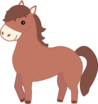 vector flat illustration of brown horse isolated on transparent background. farm animal clipart. cartoon cute horse for children