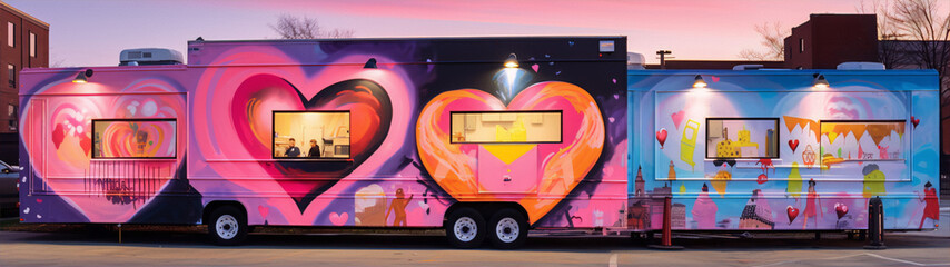 A pink and blue food truck with a heart-shaped window.